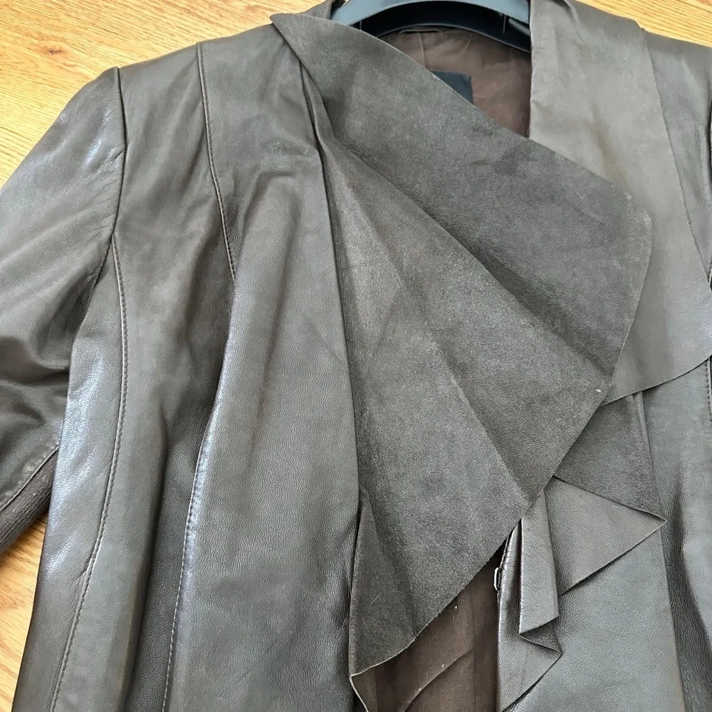 Cole Haan Brown Leather Jacket Cropped Design and Feminine Ruffle Front Detail